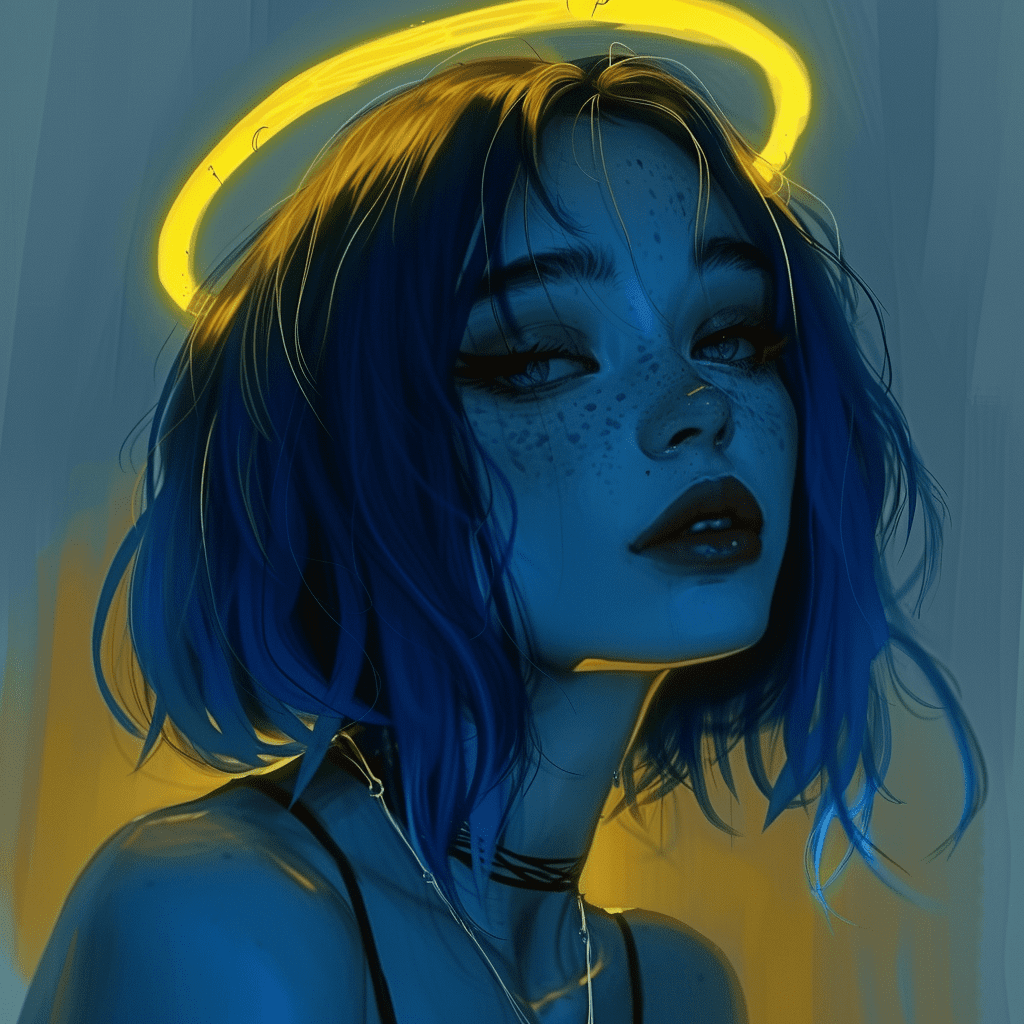 A blue girl with gold angel halo head, in the style of neon realism, darkly romantic illustrations, dark white and yellow, solapunk, i can't believe how beautiful this is, simplistic cartoon, brooding mood --v 6. 0