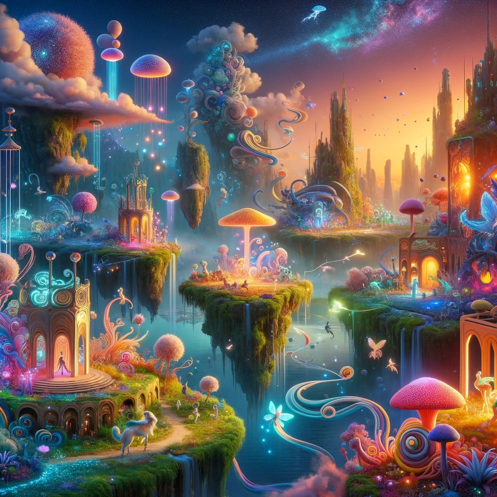 An imaginative and artistic scene of a fantasy world, with a vibrant landscape that includes floating islands, luminescent flora, and whimsical non-human creatures. The creatures are depicted as friendly and whimsical, engaged in peaceful activities that showcase their harmonious existence. Architectural structures with surreal designs dot the landscape, integrating seamlessly with the natural wonders. The atmosphere is filled with soft glows and bioluminescent lights, casting a magical radiance throughout the scene. The color palette is rich and diverse, featuring a range of vivid colors that add depth and vibrancy to the world. This enchanting scene is suitable for a storybook or a family-friendly fantasy film, designed to inspire wonder and captivate the imagination, free from any explicit or inappropriate content. Robiness. Masterprompter.