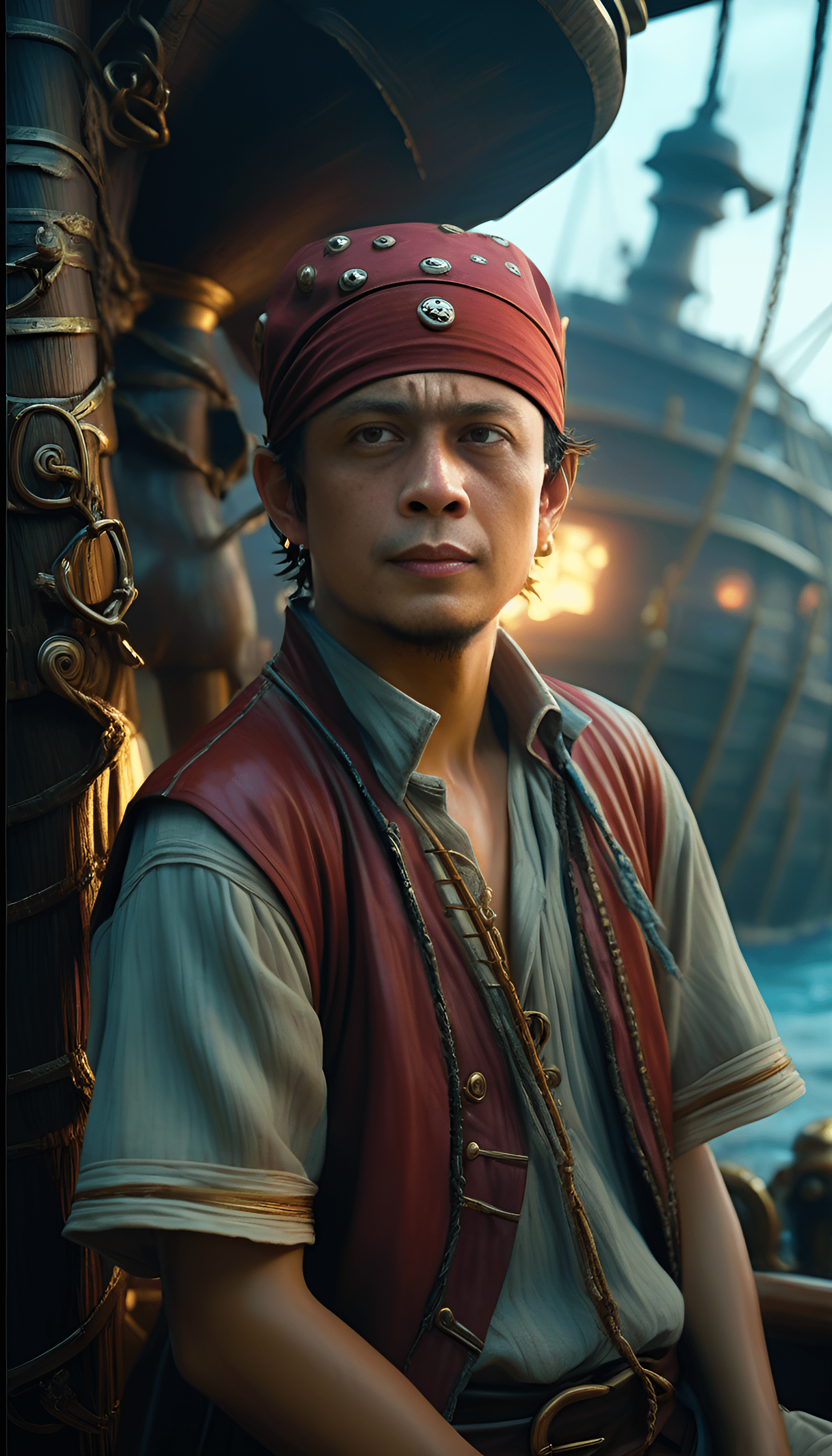 Made by emmanuel lubezki, daniel f gerhartz, character of one piece movie, round straw hat, pirate, cinematic lighting, concept photoart, 32k, photoshoot unbelievable half-length portrait, artificial lighting, hyper detailed, realistic, figurative painter with intricate details, divine proportion, sharp focus, mysterious, wear monkey d. Luffy costume and stuff, pirate ship in the background,