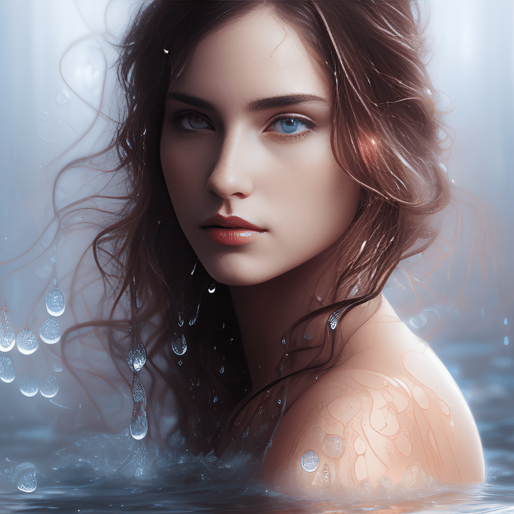 Mdjrny-v4 style, beautiful girl, pretty eyes and water blue messy hair, outside, naked, wet with rain water, symmetrical face, background rain storm, highly detailed, art by artgerm and greg rutkowski and alphonse mucha