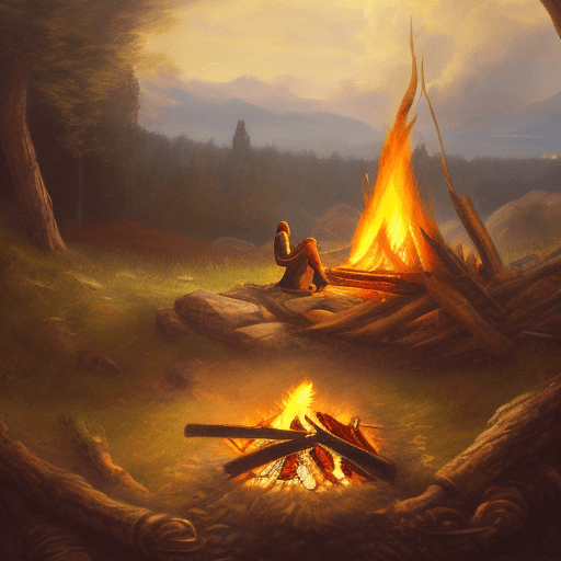 Man in plate armor resting in a bonfire, realistic painting, elden ring, dreamy light, fantasy landscape, erdtree, xix century painting,