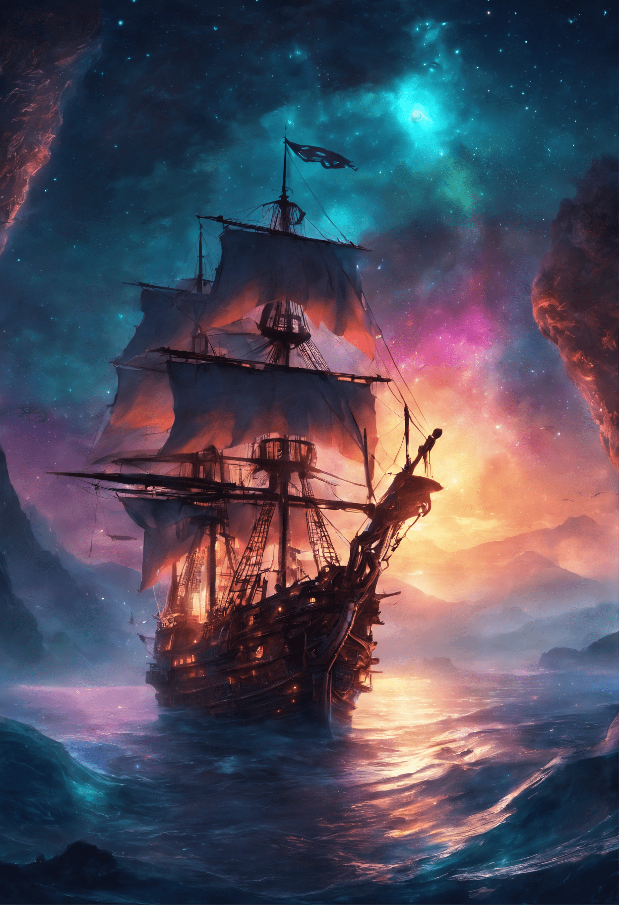 (pirate ship sailing into a bioluminescence sea with a galaxy in the sky) , epic, 4k, ultra,