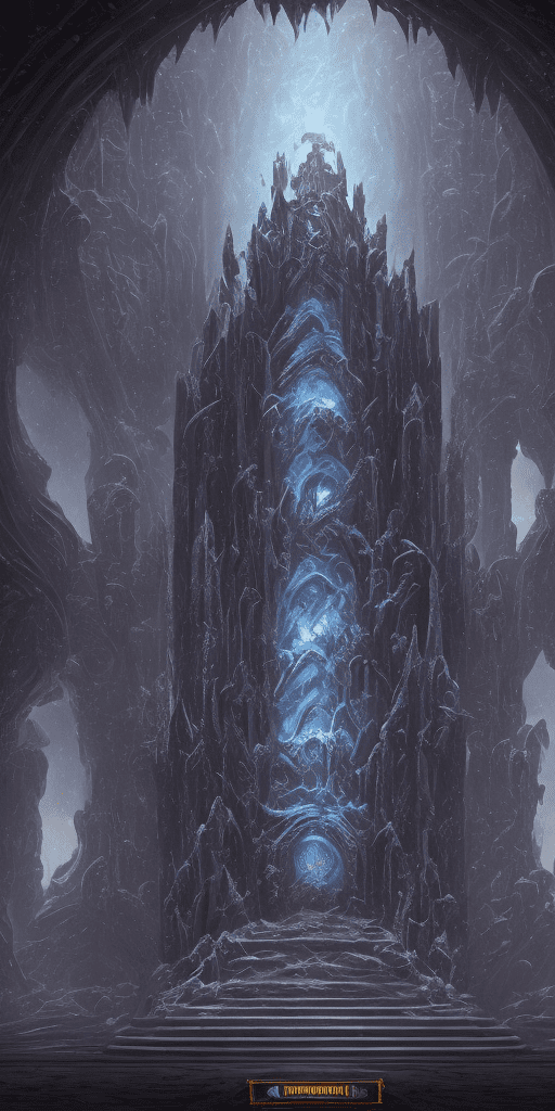 Lich king's throne room, realm of undying dominion. The scene unfolds within the heart of a forbidding castle, where shadows writhe and a cold chill permeates the air. The throne room is an embodiment of chilling grandeur, with towering obsidian pillars reaching towards a vaulted ceiling lost in darkness. A massive obsidian throne stands as the focal point, exuding an aura of malevolent power. The air is thick with a sense of foreboding, and arcane symbols glow with an eerie light along the walls. Dim, flickering candles cast distorted shadows that dance in tandem with the sinister magic that weaves through the air. Rendered through the depth of digital artistry, this ai-created image captures the ominous majesty of the lich king's throne room. Intricate details, from the carvings on the pillars to the spectral light that bathes the space, are meticulously brought to life. The atmosphere is one of dread and reverence, as if the very air trembles with the presence of an ancient, otherworldly ruler. Crafted in the highest quality, this high-resolution image preserves every nuance, ensuring that the play of shadows and the spectral light's glow are vividly portrayed. The throne room stands as a nexus of necromantic power, a place where the line between life and death is blurred. In the process of artistic creation, please ensure that the image encapsulates the chilling and awe-inspiring atmosphere of the lich king's throne room, channeling the aura of an ancient and powerful undead ruler within the realm of your dungeons & dragons campaign.