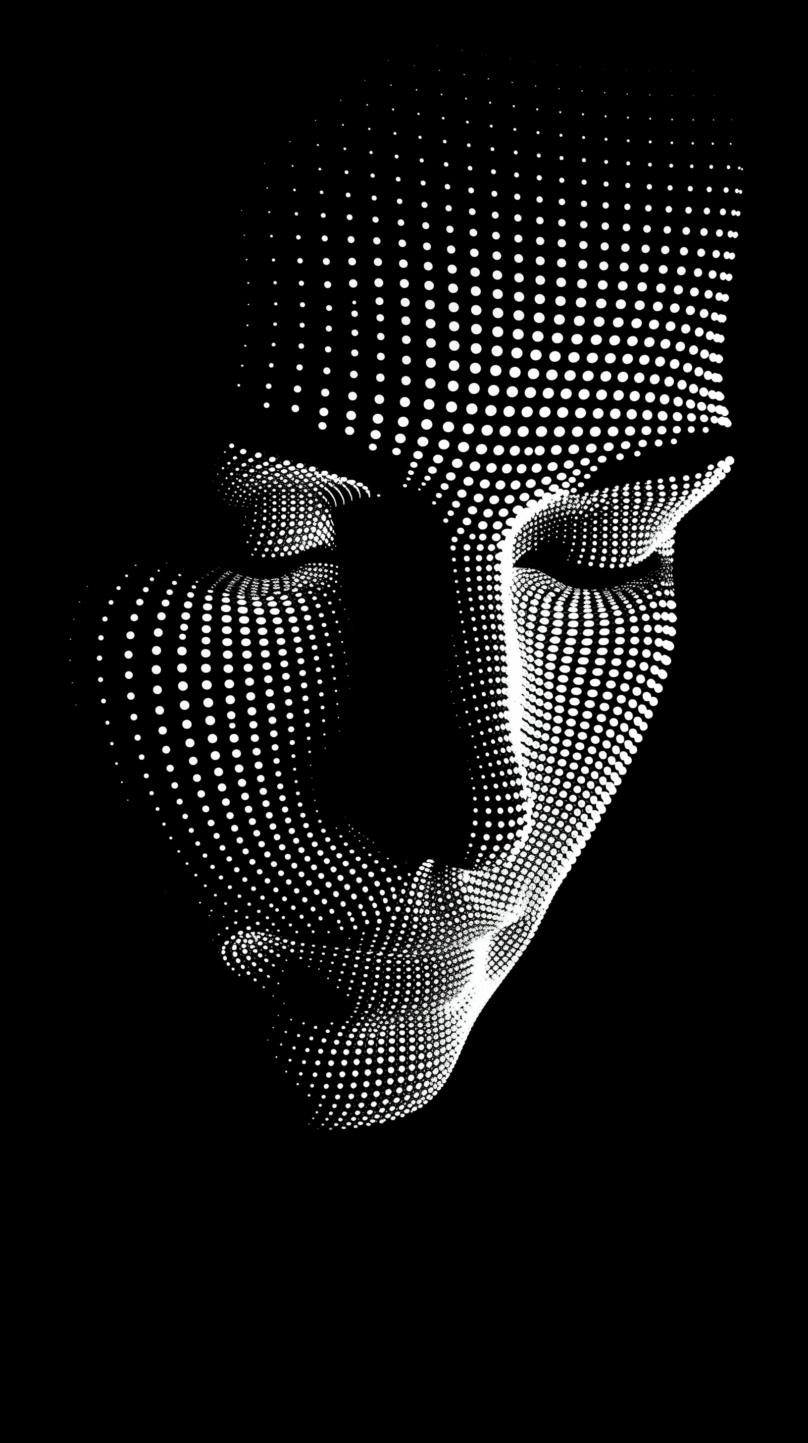 A simple white dotted dots forming the shape of an man face, flat design, vector illustration, on black background, simple shapes and lines, minimalistic style --ar 9:16 --style raw