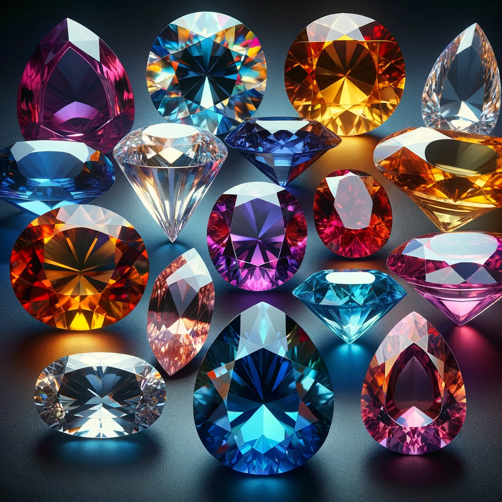Generate a captivating image showcasing a diverse array of gemstones with exceptional realism. Each stone should possess a distinct and vibrant hue, ranging from deep blues to radiant reds, and everything in between. The gemstones should exhibit a variety of cuts — including round brilliant, oval, pear, marquise, and princess — each one meticulously crafted to display its unique facets and angles. The lighting should be expertly placed to enhance the intrinsic qualities of the stones, causing them to sparkle and reflect light with an intense brilliance. The stones are to be arranged against a dark, non-distracting backdrop that contrasts with their vivid colors, emphasizing the luxuriousness and rarity of the collection. The overall image should exude opulence and the rich diversity of these treasured stones, with each gem appearing as if it could be lifted from the image and held in the hand.