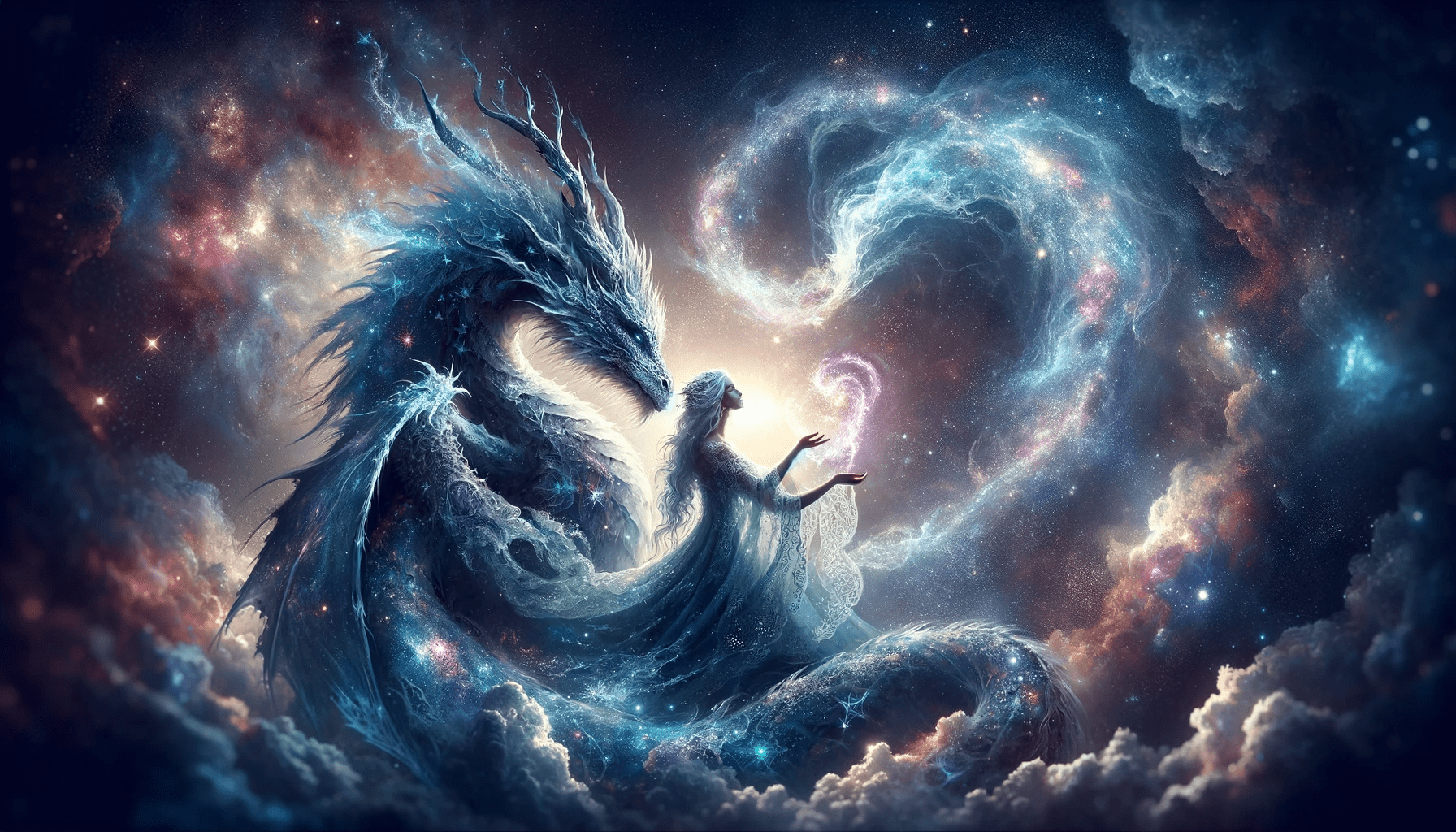 Create an artistic representation of 'celestial love' through a dragon and its queen, set in a cosmic backdrop. The dragon is an embodiment of the night sky, adorned with star-like scales that shimmer with the light of distant galaxies. The queen, a celestial being, radiates an ethereal glow, her attire resembling the fabric of space interwoven with constellations. They are entwined in a gentle embrace, surrounded by a nebula that forms a heart shape around them, symbolizing their eternal bond. This scene captures the beauty and infinity of love, transcending the bounds of space and time. The colors are deep and vivid, with hues of blues, purples, and soft whites, reflecting the tranquility and wonder of the cosmos, all rendered in ultra-high 8k resolution to capture the ethereal essence of this celestial romance. Robiness. Masterprompter.