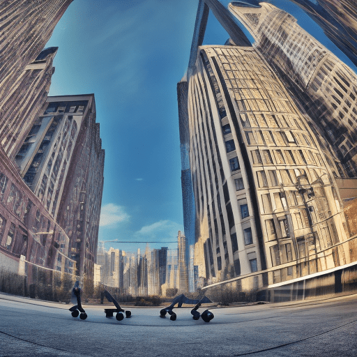 Photography, dynamic range, in the city, ollie motion with professional man skateboarder