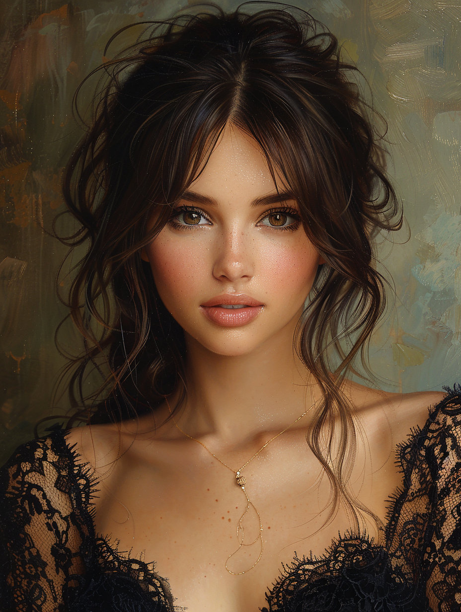 Beautiful girl in black lace dress, brown hair, brown eyes, oil painting style --ar 73:97 --stylize 750