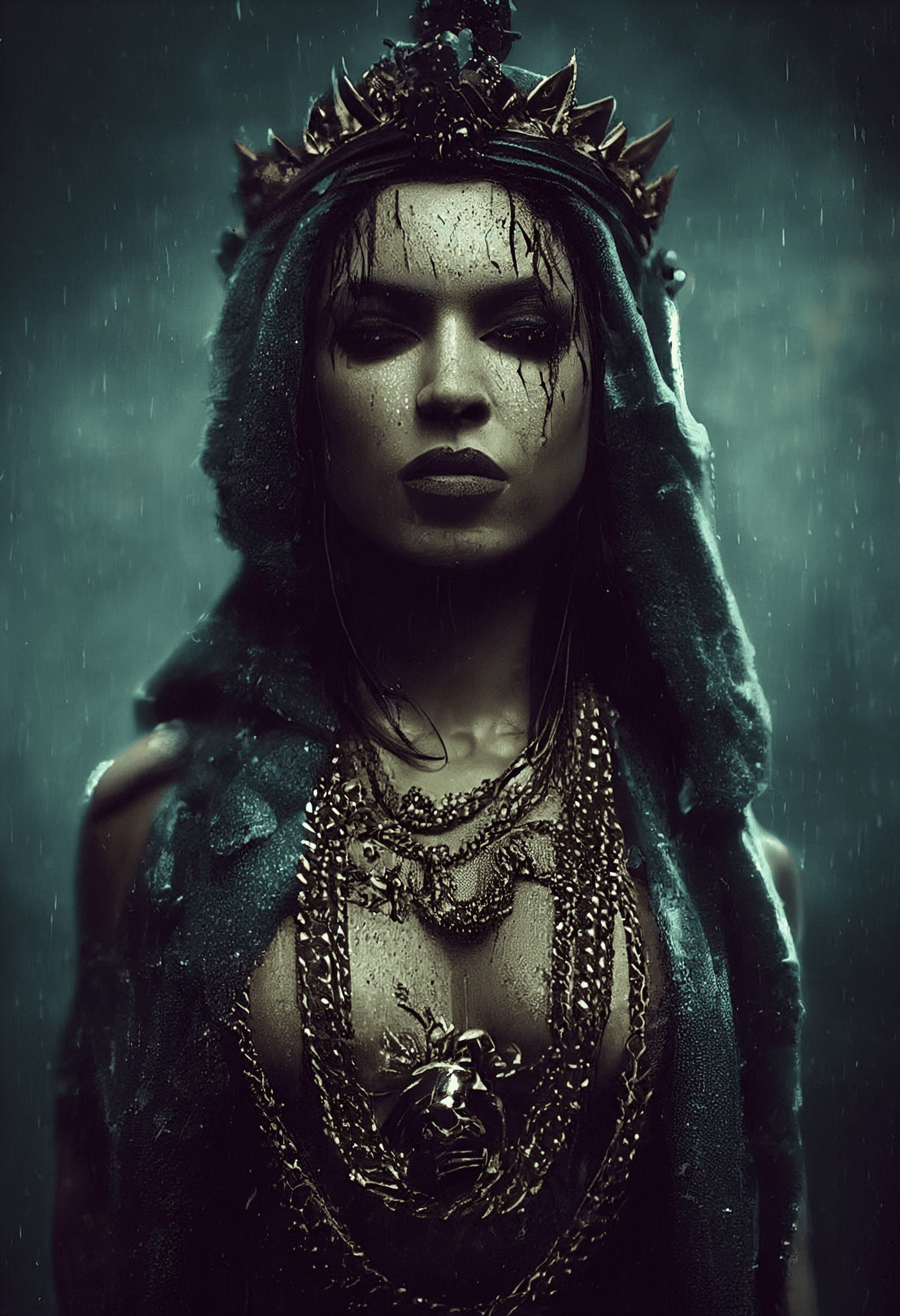 Glamour shot of queen of the damned a femme fatale, morbide, dark, very detailed, rendered in octane, wet, dense atmospheric, epic, dramatic, empty, creepy, trail cam footage, photorealistic, hyperornate details, photographed by irakli nadar and reylia slaby --ar 2:3 --beta --upbeta --upbeta