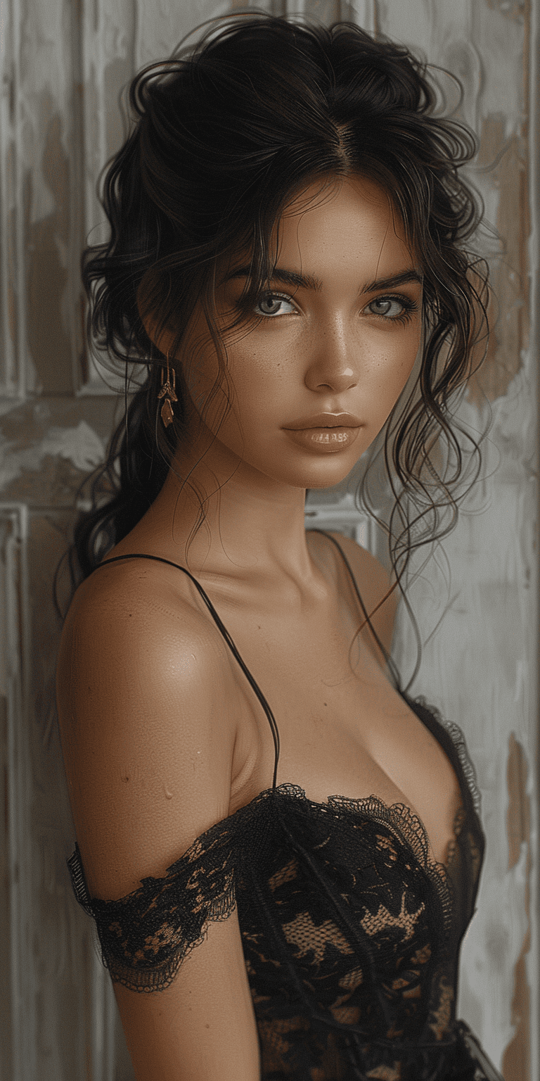 Beautiful woman with dark hair in a black lace dress, in the digital art style, on a white background, with soft brushstrokes, romantic illustration, with light gray and beige tones, high details, creating a romantic atmosphere, wearing gold earrings, clear edges of the artwork, ultra-high resolution --ar 1:2 --stylize 750