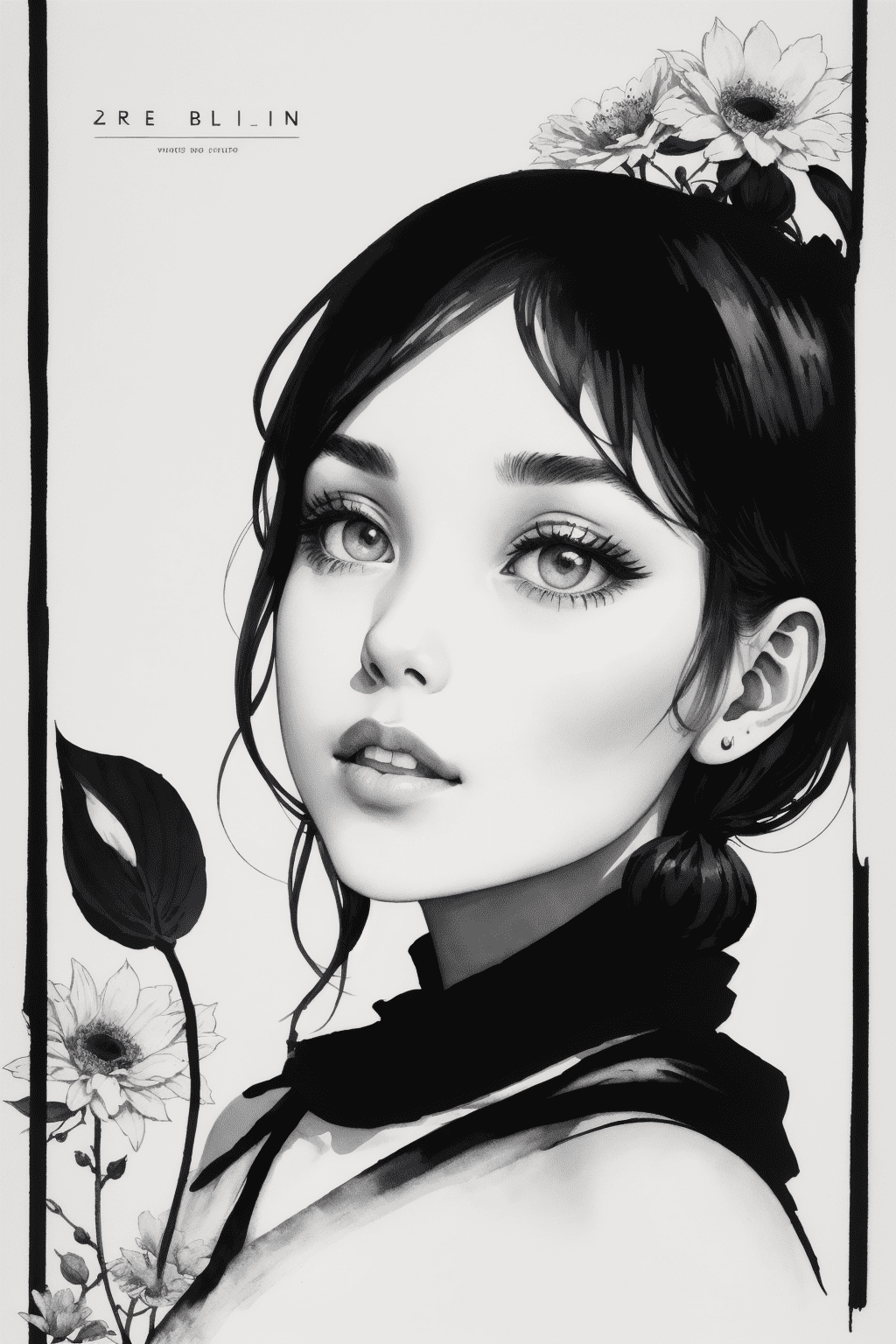 Masterpiece, best quality, ink wash painting, a girls face , simple botany, flat illustration vector, ink wash botanical floral, minimalist style by peter brown, central composition, white background, vector diagram, svg
