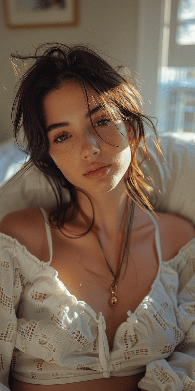 Selfie photo of an attractive woman with messy hair, snapchat, laying in bed, early morning light, shot on an iphone 15 max --ar 1:2 --stylize 750