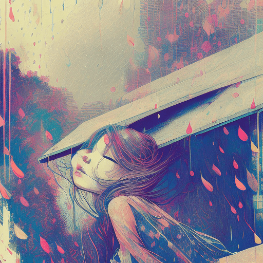 Raindrops on the roof, pitter-patter lullaby, cleansing for the soul| dynamic pose | centered| key visual| intricate| highly detailed| breathtaking beauty| precise lineart| vibrant| comprehensive cinematic| carne griffiths| conrad roset| anna dittmann| overcast