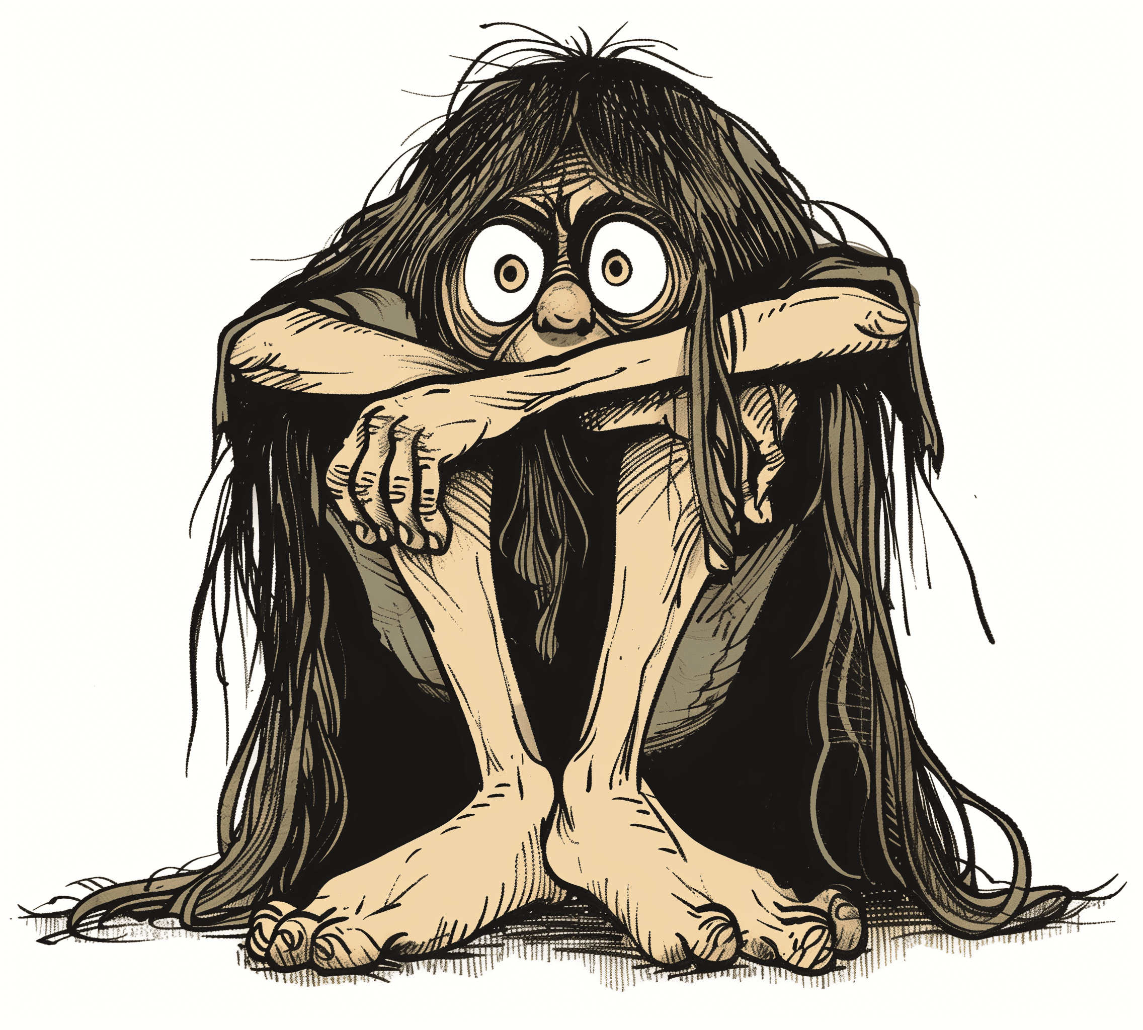 A cartoon drawing of an ugly woman with long hair, hunched over her hands and feet in despair. She has big eyes and is wearing thick. The background should be plain white to highlight the character's expression. In the style of robert crumb, full color --ar 105:94 --v 6. 0