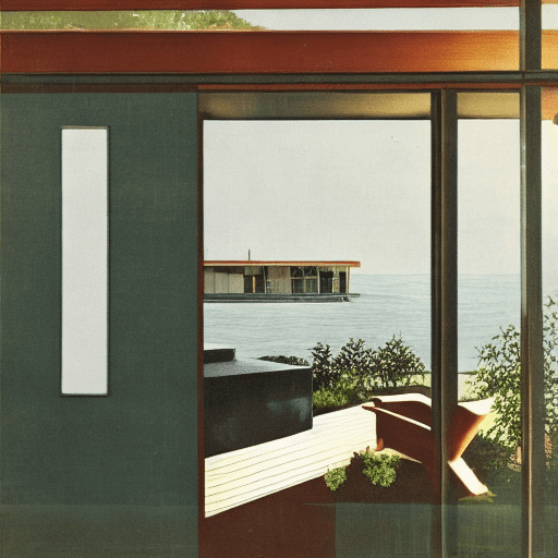 Hyper realistic eye level exterior photo of a mid century modern style house overlooking the ocean, daylight, indirect lighting, ad magazine, frank lloyd, eames, mies van der rohe