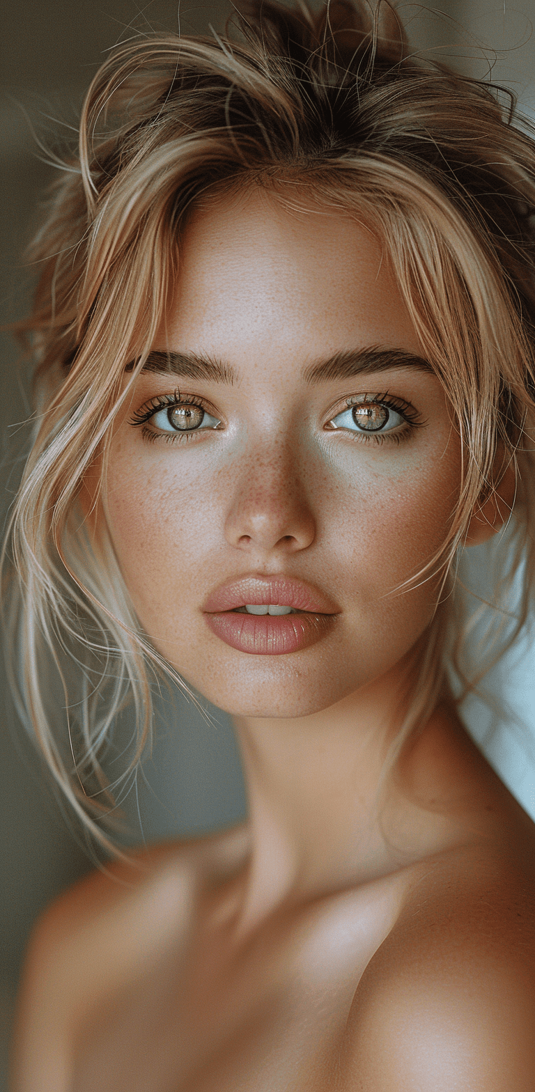 Close-up portrait of a beautiful woman with blonde hair, hazel eyes, smooth skin, thin lips, and thin eyebrows, wearing minimal makeup and posing for an instagram photo shoot in the style of photorealistic hyperrealism with professional photography techniques using soft light, soft shadows, and a neutral white background at high resolution --ar 63:128 --stylize 750