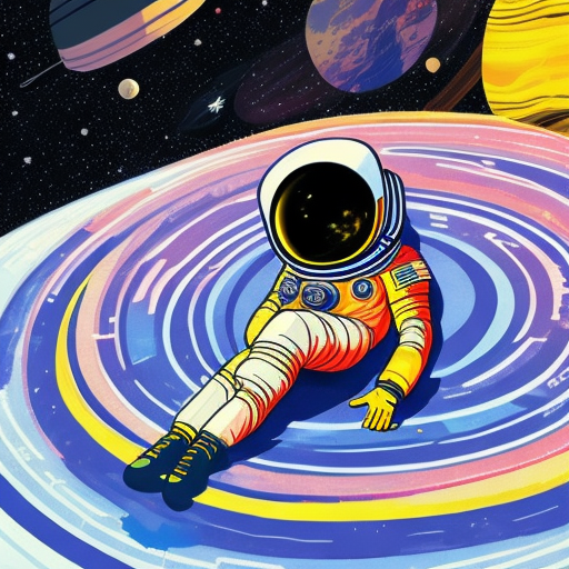 Illustration of an astronaut sitting in saturn´s rings, the cosmos is behind him, sci-fi, colourfull palette
