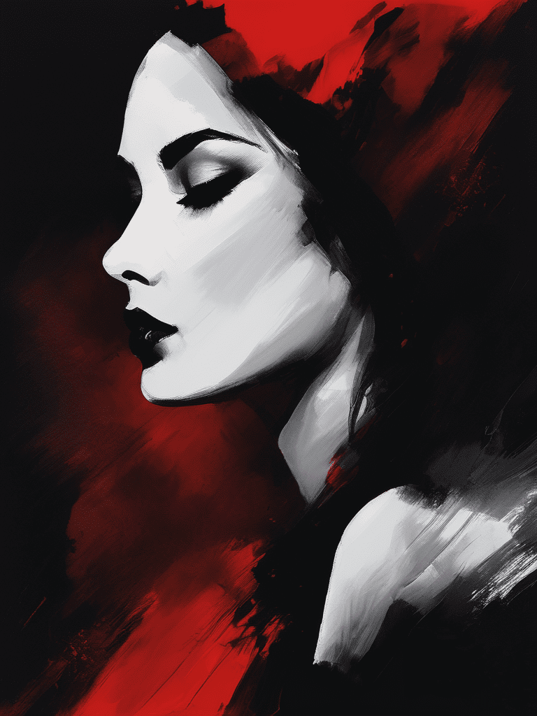 A minimalistic painting of a seductive woman, black and red colors, digital painting, abstract, brush strokes, dark fantasy, dramatic contrast, mysterious, sultry, darkness, dark color palette, visually captivating and hauntingly beautiful, gloomy, 4k, high quality, wallpaper