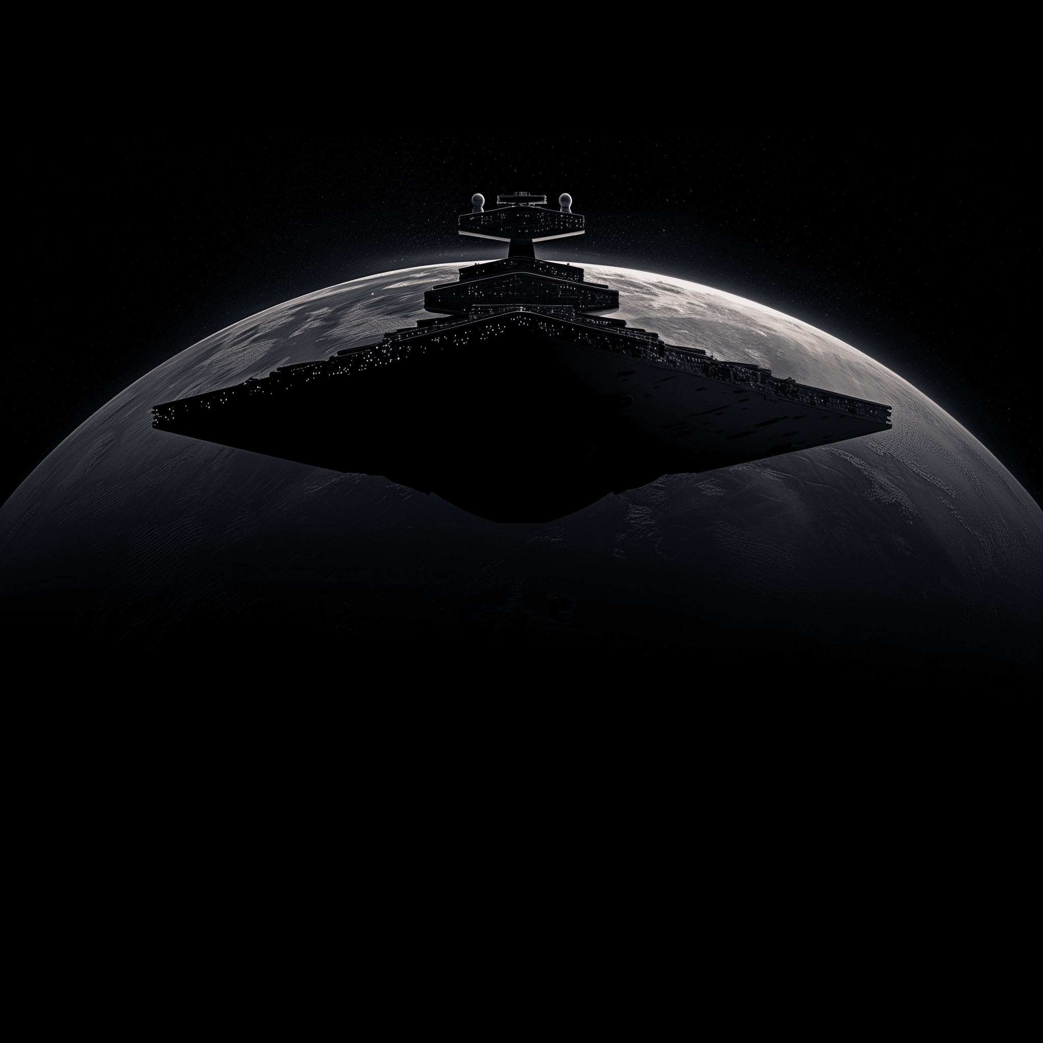 A planet with the silhouette of an imperial star destroyer floating in space, seen from behind and below. The scene is isolated on a black background. A photorealistic shot taken in the style of a sony a7 iii camera using a wideangle macro lens at an f/8 aperture setting. It is late evening and the lighting casts long shadows across the dark sky.