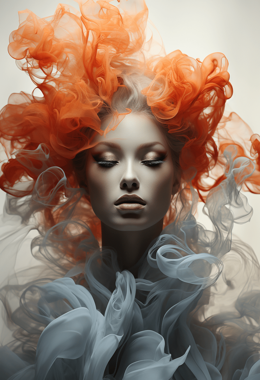 Smoke sculpture portrait of a woman, in the style of flowing fabrics, delicate ink washes, dance, juliana nan, clear and crisp, mandy disher, movement and spontaneity captured --ar 73:106 --stylize 750 --v 5. 2