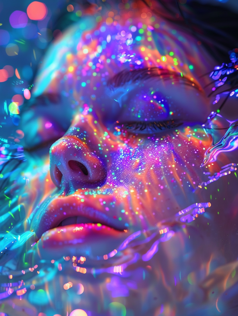 A woman's face with her eyes closed, submerged in water. The colors of the light create an atmosphere full of energy. In the background there is colored neon glitter that reflects on wet skin. A beautiful digital painting in the style of fluorescent lights. --ar 70:93 --v 6. 0