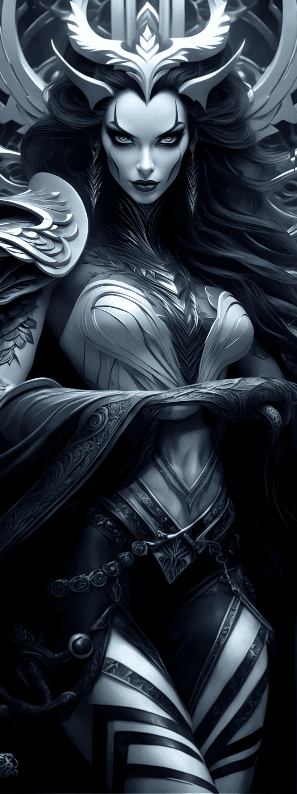 Detailed beautiful goddess hel with long black hair, pale white skin, detailed eyes, sitting on the throne of helheim | magali villeneuve | bayard wu, inquisitive spirit | inspiration | dark colors, intricate detailing, surrealism, fractal hair, enigmatic villainess smile, dressed in complex chaotic fractal leather, artificial nightmares style, reflective eyes, detailed eyes, detailed art deco ornamentation, 32k