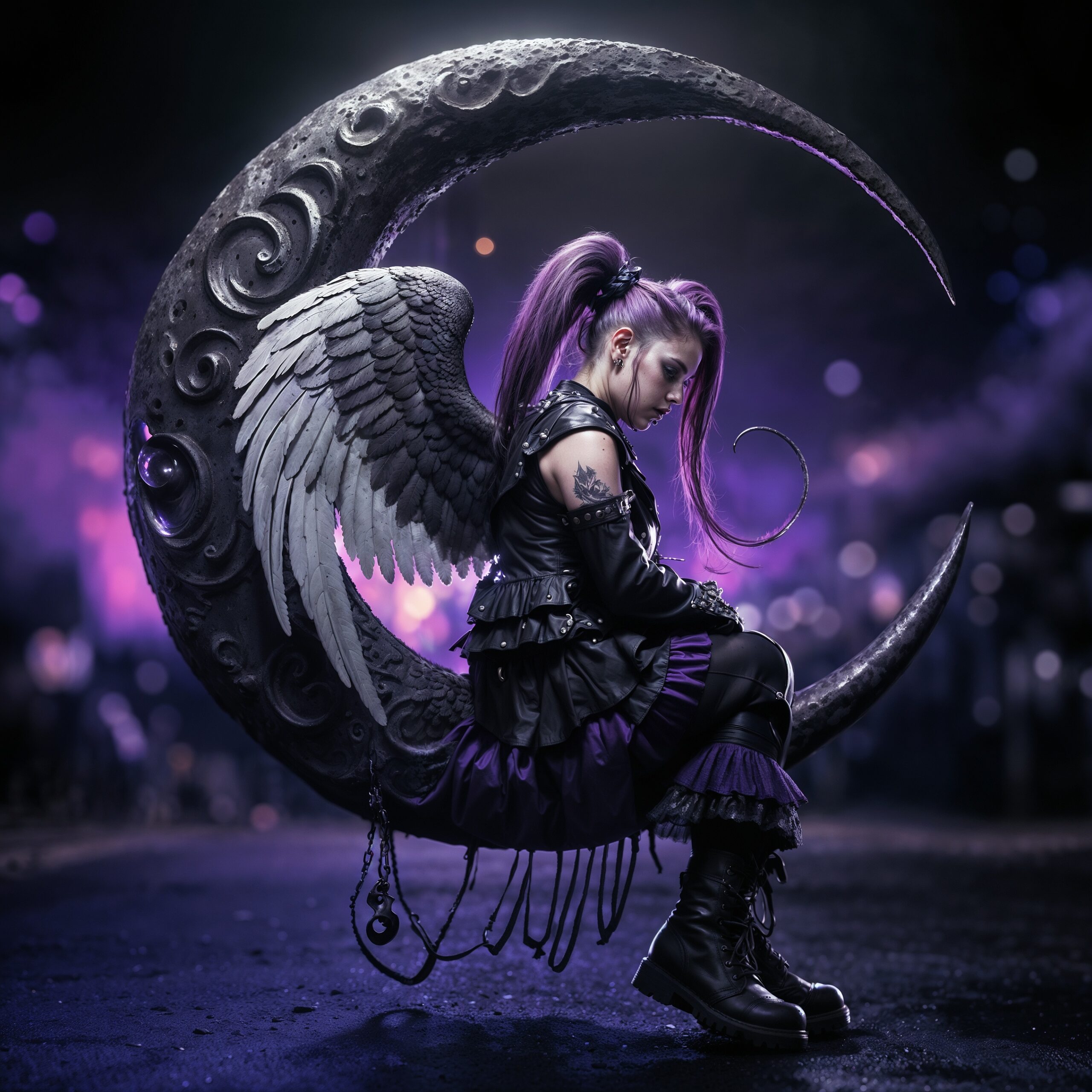 Insanely detailed, photorealistic back shot of a beautiful punkangel sitting on a crescent moon, night, purple and black punk clothes, large black wings, long pigtails, haunting, blurry background, angsty, professional photography, dynamic lighting, intricate details, 16k resolution, beautifully shot, hyperrealistic, clean sharp focus, bokeh, perfect composition, high contrast, bright colors, bold colors, film grain