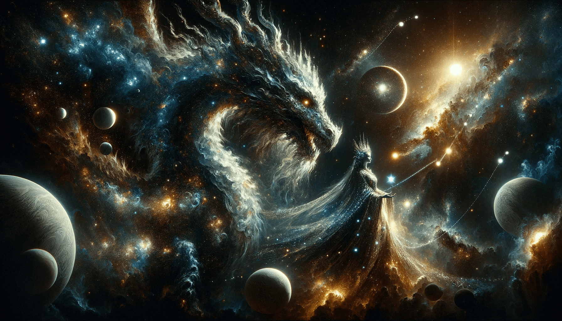 Illustrate a hyper-maximalist, cinematic painting set in space with a cosmic dragon and its queen. The dragon is composed of starfields and nebulae, with a body that glows with the light of countless stars. The queen wears a gown woven from the fabric of space-time, adorned with constellations and celestial bodies. They are sovereigns of the cosmos, with planets and moons orbiting around them in a grand display of their dominion. Comets streak past them, and distant galaxies twirl in the backdrop, reflecting the vastness of their empire. The scene is imbued with the essence of space, vast, dark, and speckled with the brilliance of astronomical phenomena, all captured in ultra-high 8k resolution to emphasize the grandeur and detail of this interstellar realm. Robinsess. Masterprompter.