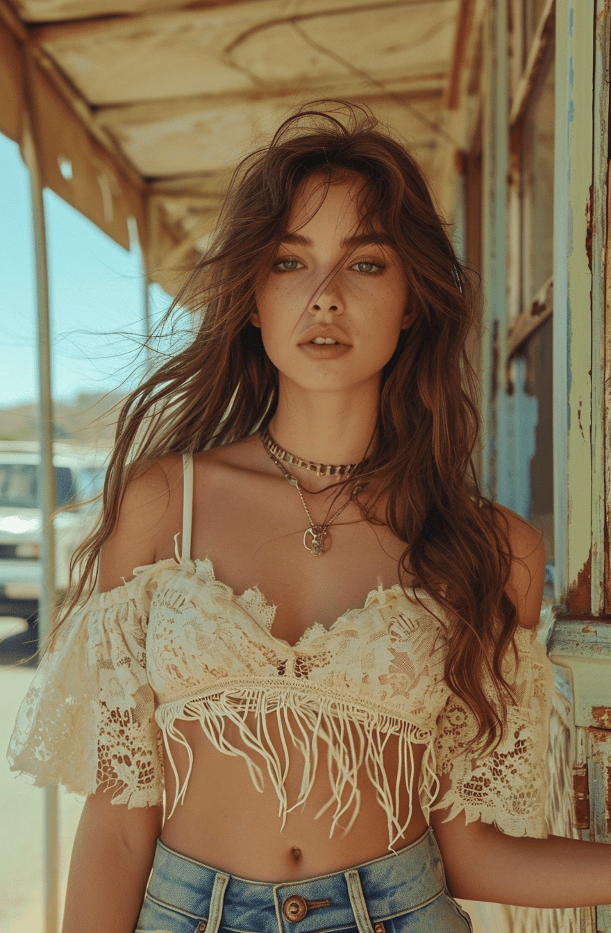 A woman wearing a cropped top and jeans standing in front of the bus stop, in the style of oleg oprisco, video, jocelyn hobbie, soft, muted tones, close up, wavy, nick knight --ar 36:55 --stylize 750 --v 6