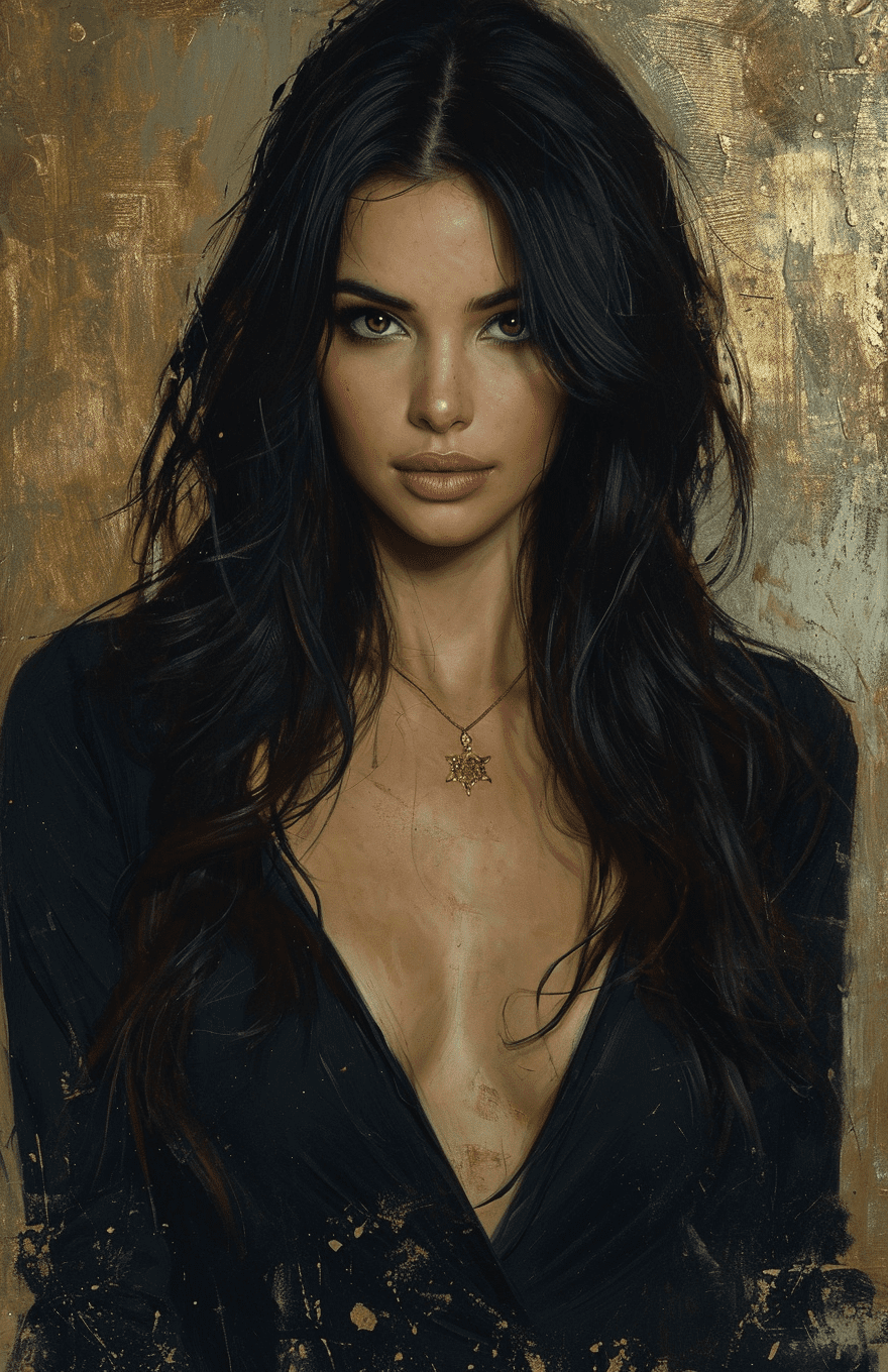 A woman with long black hair in a gold painting, in the style of charlie bowater, dark blue and dark black, michael garmash, comic art, realistic color palette, dark black and beige, soft-focused realism --ar 24:37 --stylize 750 --v 6