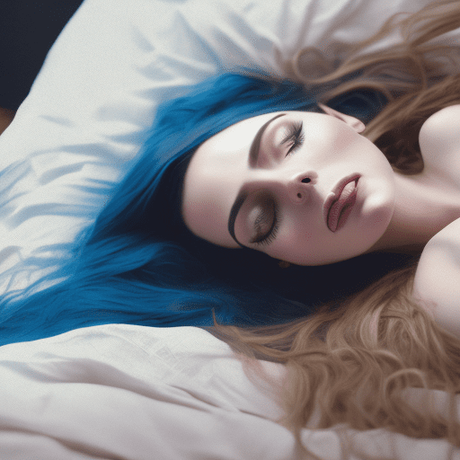 A woman with long hair laying in bed, in the style of yigal ozeri, anamorphic lens flare, bella kotak, video, close up, jagged edges, light beige and blue --ar 73:108 --stylize 750 --v 6