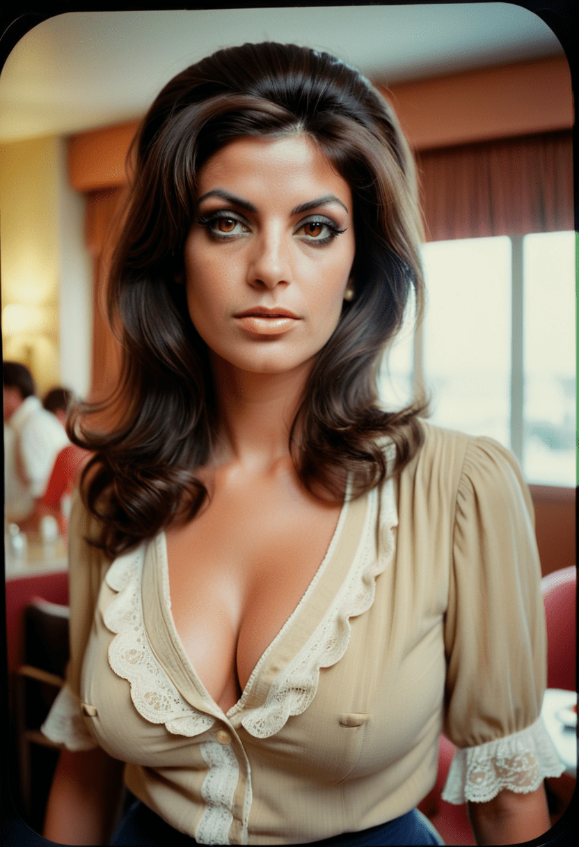 Analog color film glamourous photograph of a portuguese woman, dark colored eyes, layered brunette hair, 1970s hairstyle, 1970s style resort hotel with bellhops assisting guests in the background, 1970s style form fitting blouse, muted colors, desaturated, iso 200 faded film, 35mm photo, grainy, vignette, vintage, kodachrome, lomography, stained, highly detailed, found footage