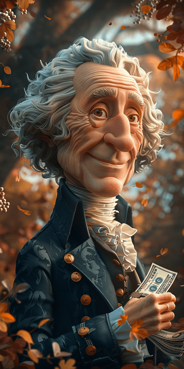 Caricature of george washington, holding dollar bills in his hand in the style of tiago hoisel, exaggerated caricature style, hyperrealistic, playful character design --ar 1:2 --stylize 750
