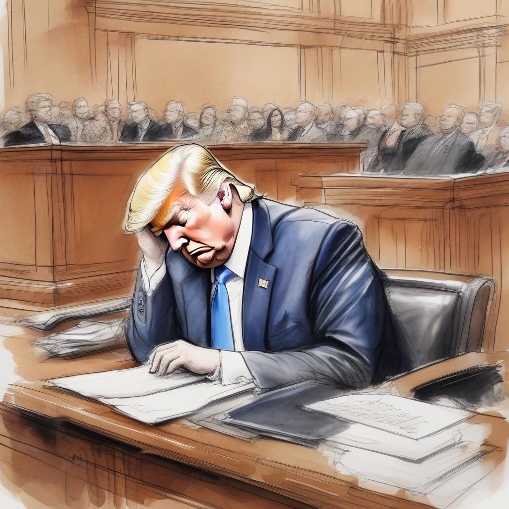 Trump sleeping in the courtroom, rough quick hasty courtroom sketch done with chalks