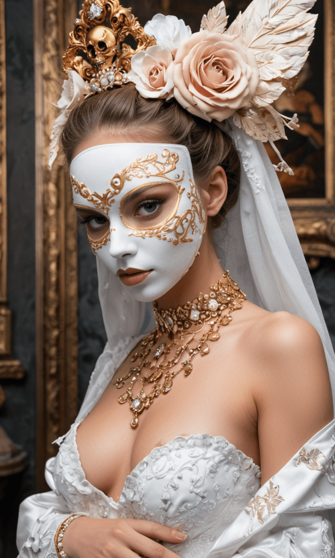 Imagine a striking photo portrait of a woman, exuding a blend of ethereal beauty and bold fashion. Her bright, luminous skin gleams with an almost celestial glow, perfectly complementing the rose gold and white palette that dominates the scene. She wears an intricate skull and bone mask, adorned with baroque-inspired details that add an air of mysterious elegance. The woman gazes directly into the camera, her eyes conveying a sense of dreamy symbolism and otherworldly allure. The portrait is shot in a frontal vogue style, capturing every nuance of her expression and the intricate details of her attire with hyper-realistic clarity. She is dressed in a stylish, high-fashion ensemble that reflects the celestialpunk aesthetic. The outfit, designed in rose gold and white, features elaborate patterns and textures that echo the baroque-inspired details of her mask. The setting evokes a celestialpunk aesthetic, with elements that seem to bridge the gap between the heavens and the baroque splendor of the past. The use of a canon 50mm 1. 2l lens ensures ultra-detailed, photorealistic quality, making the textures and tones of her skin and the elaborate craftsmanship of the mask vividly clear. This fashion editorial piece combines elements of high fashion with a touch of the fantastical, creating a visually stunning and conceptually rich image that captivates the viewer with its radiant beauty and intricate details.