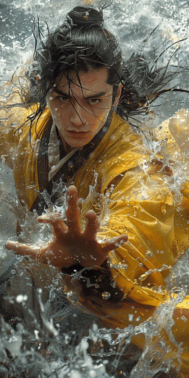 A young warrior in ancient china with black hair and wearing yellow hanfu is fighting on the sea under heavy rain, right hand raised high to block an attack, background features dark clouds and strong winds to create a realistic setting --ar 1:2 --stylize 750