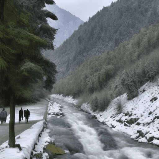 Walking tour kashmir valley, in the style of green, hills, waterfall, mild snowfall spiritual resonance, high quality