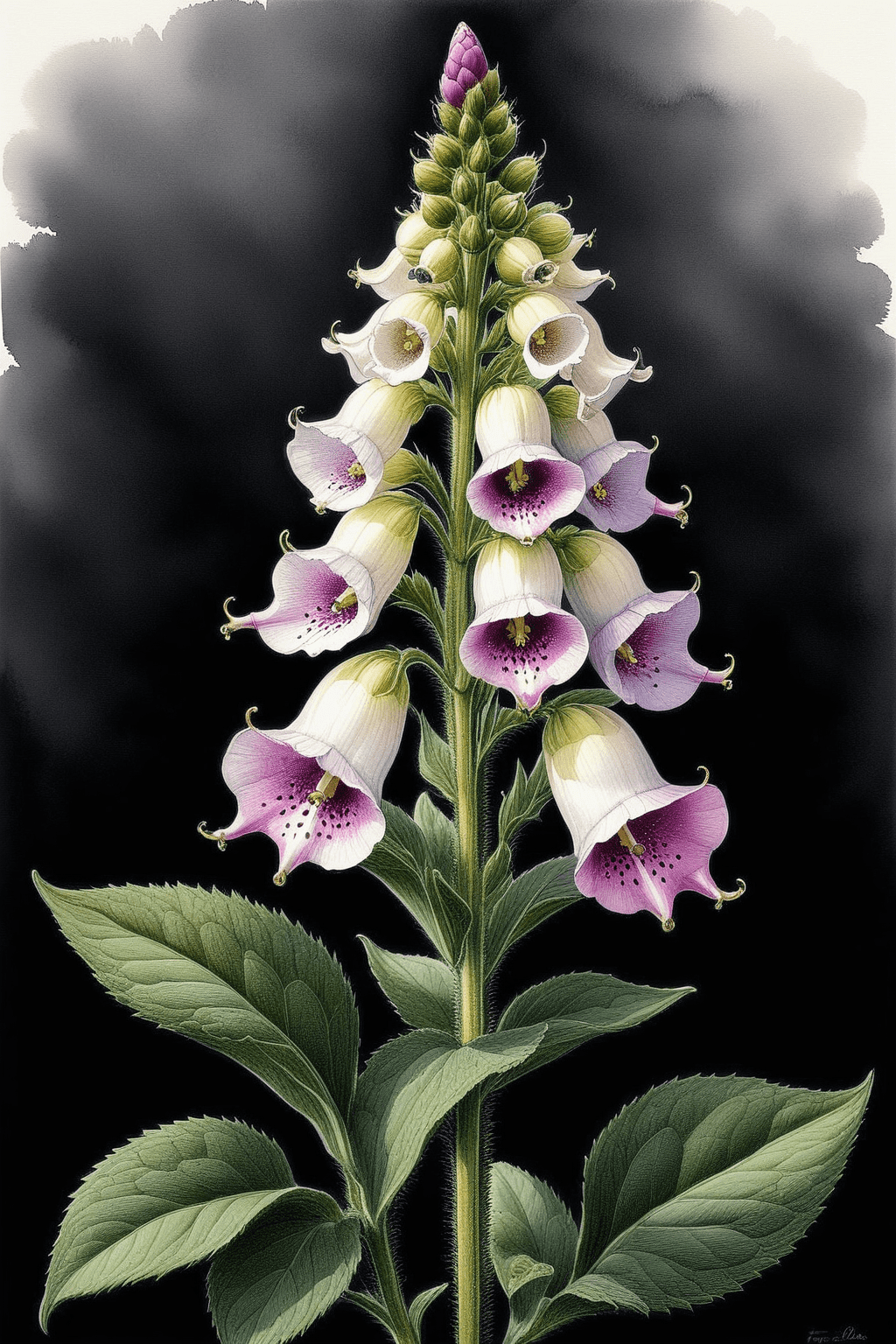Award-winning, professional, highly detailed, masterpiece, best quality, ink art wash painting, foxglove flower, simple botany, ink art botanical floral, style by ingrid elias, central composition, white background,
