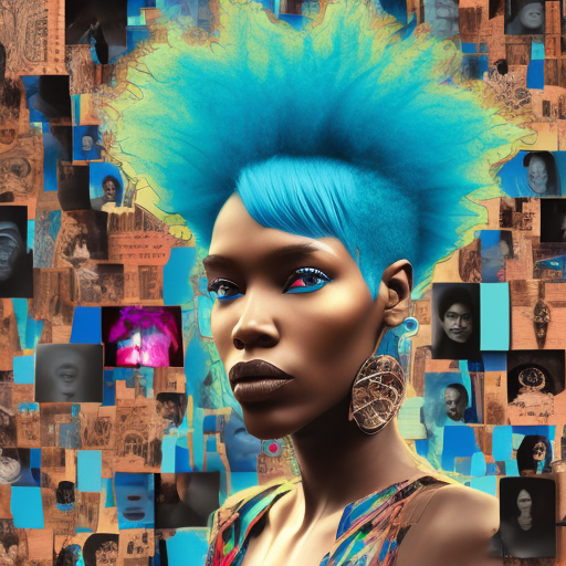 Black woman with electric blue hair, in the style of multi-layered collages, edgy street art, celebrity-portraits, cardboard, fragmented icons, realistic hyper-detail, crossed colors