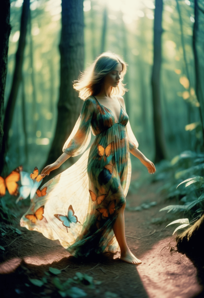 Analog color film photograph of a woman in a lush forest, from the side, diffused sunlight shining behind her, bright vivid colors, mesmerizing, fantasy, butterflies swarming her, wearing a loose flowing sheer dress with an abstract pattern blowing in the wind, walking barefoot, iso 200 faded film, 35mm photo, grainy, vignette, vintage, kodachrome, lomography, stained, highly detailed, found footage