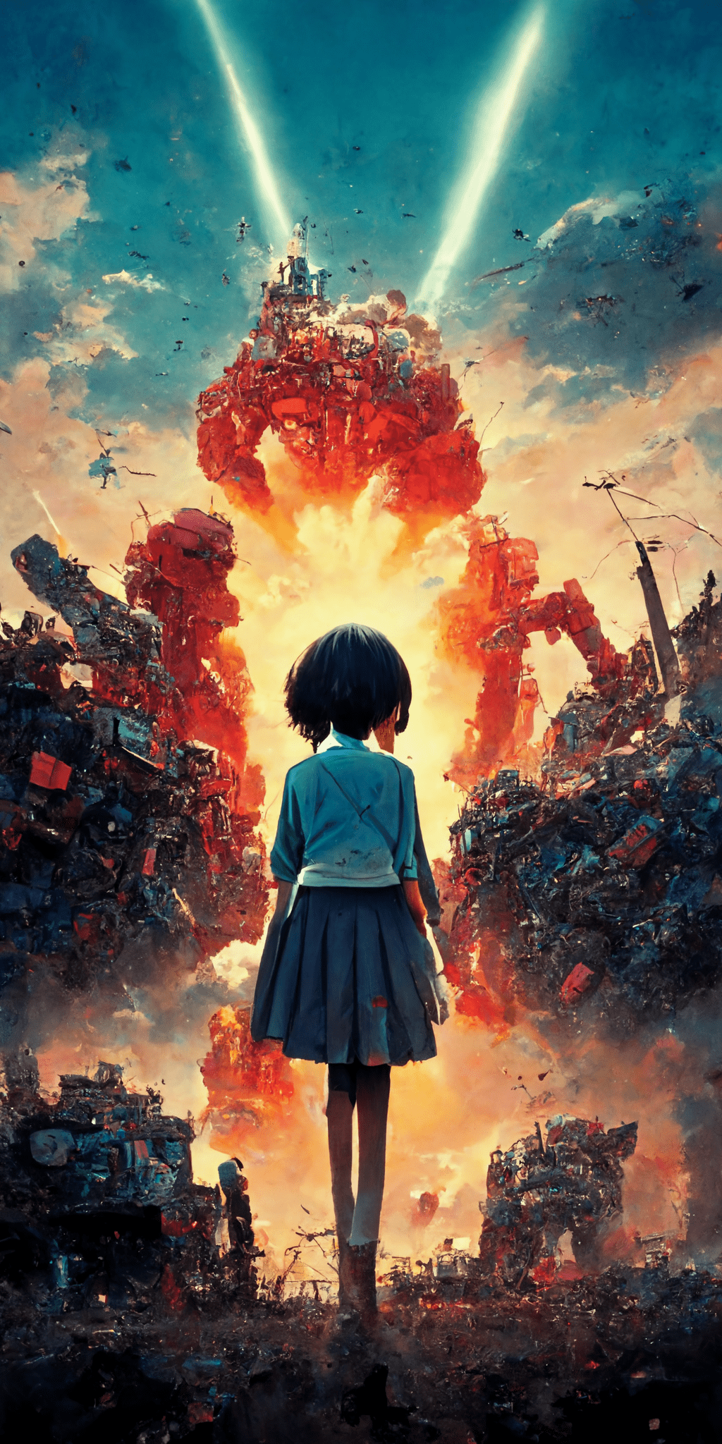 Incredibly powerful anime girl, created by hideaki anno + katsuhiro otomo +rumiko takahashi, movie poster style, box office hit, a masterpiece of storytelling, main character center focus, monsters + mech creatures locked in combat, nuclear explosions paint sky, highly detailed 8k --ar 9:18