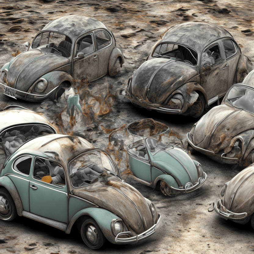 Standard definition humans with melted volkswagen beetle, 8k