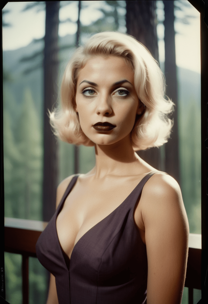 Analog color film photograph of a blonde hair woman, piercing light colored perfect eyes, dark lipstick, fair skin, 1960s style hair, tailored armani dress, standing in front of a large picture window with a view of a dark forest, iso 200 faded film, 35mm photo, grainy, vignette, vintage, kodachrome, lomography, stained, highly detailed, found footage