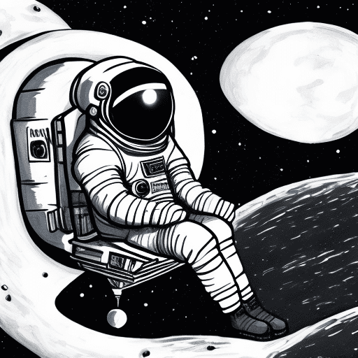 Illustration of an astronaut sitting in outer space, moon behind him, sci-fi, dark palette monochrome