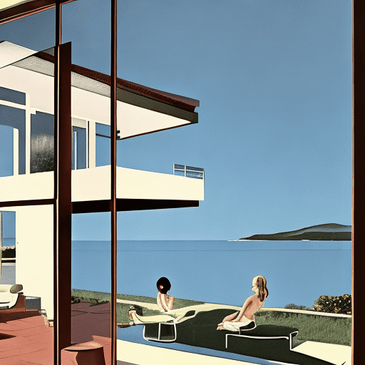 Hyper realistic eye level exterior photo of a mid century modern style house overlooking the ocean, daylight, indirect lighting, ad magazine, frank lloyd, eames, mies van der rohe, a blonde girl wearing nothing, just a web