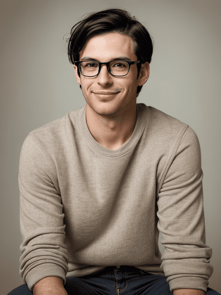 High-resolution, one young adult male portrait, casual vibe, in his thirties, short casual dark hair, thick and bold modern glasses, confident and friendly smirk, embracing life, bright perceptive and insightful eyes, relaxed facial structure, natural complexion, warm soft lighting, approachable wide jawline, informal attire, soft-blurred background, charismatic facial expression, natural eyebrows with a gentle arch, healthy skin tone, clean-shaven, affable technical leader