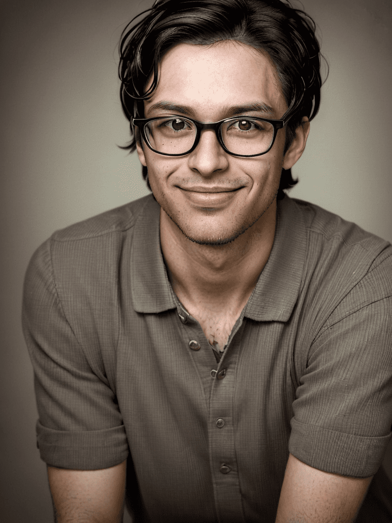 Only one young adult male portrait in a realistic photograph with high resolution, in his mid-thirties, textured and piecey-layered short dark hair, modern bold glasses to frame his eyes, seemingly friendly and authentic, with a big and humble smirk to embrace life, eyes are bright and perceptive with a lot of insight, facial structure is relaxed with a natural complexion, warm and soft lighting, approachable and wide jawline, informal attire, upbeat-demeanor, soft-blurred background, charismatic facial expression, natural eyebrows with a gentle arch, healthy skin tone, clean-shaven, affable technical project leader and change manager