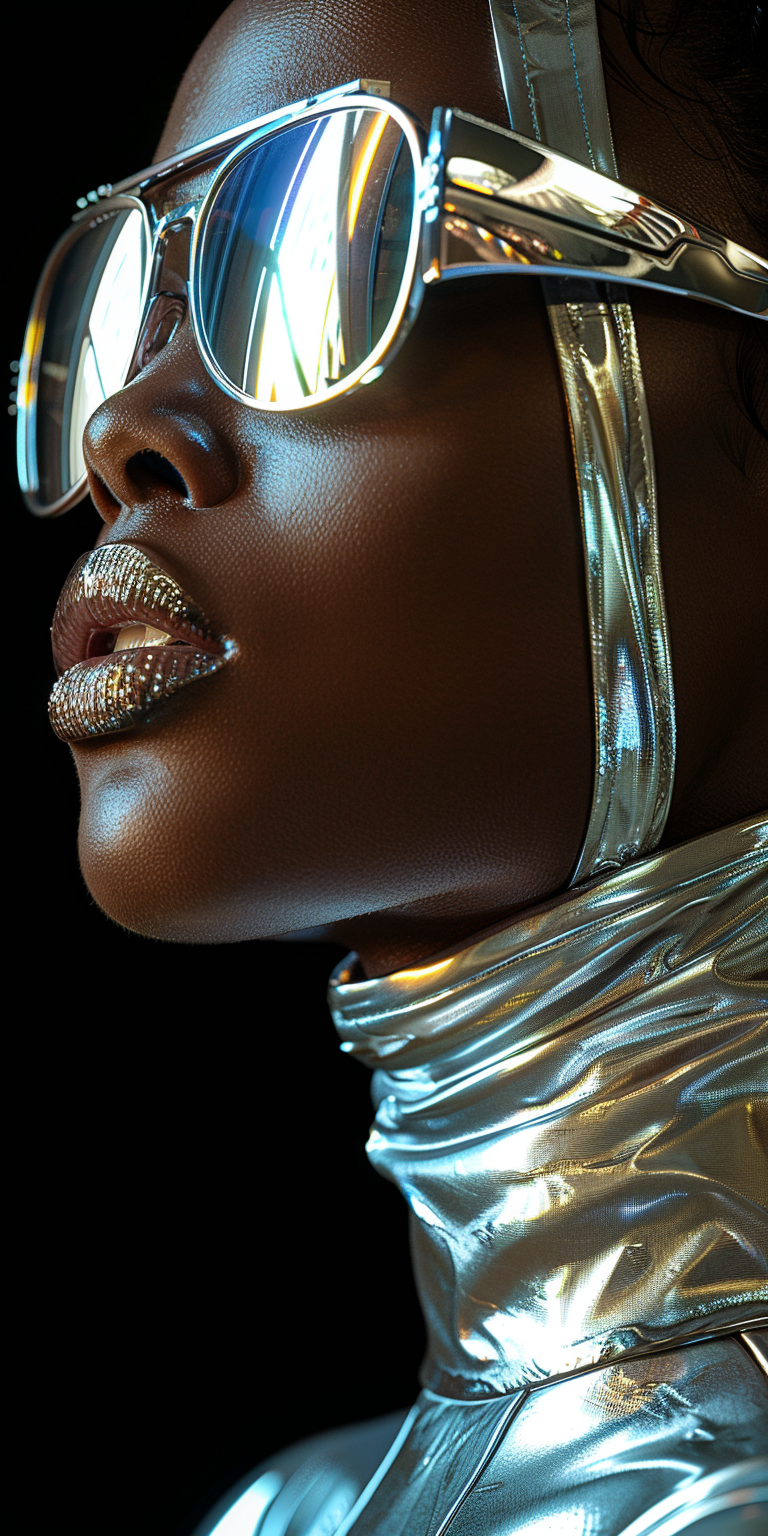 A portrait of an android woman wearing reflective sunglasses and metallic armor against a black background, in the hyper-realistic photographic style of tim walker, with studio lighting creating soft shadows and clean sharp focus in a cinematic style of photography. --ar 1:2 --stylize 750