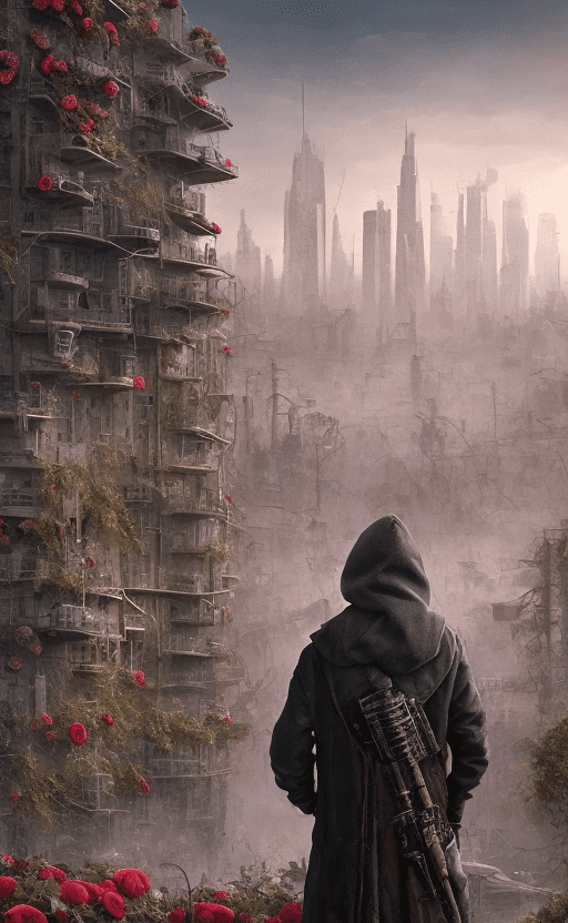 Post-apocalyptic panoramic cityscape with a dark hooded man holding a bouquet of roses overlooking the city, george lucas, cinematic, hyperrealism, high detail,