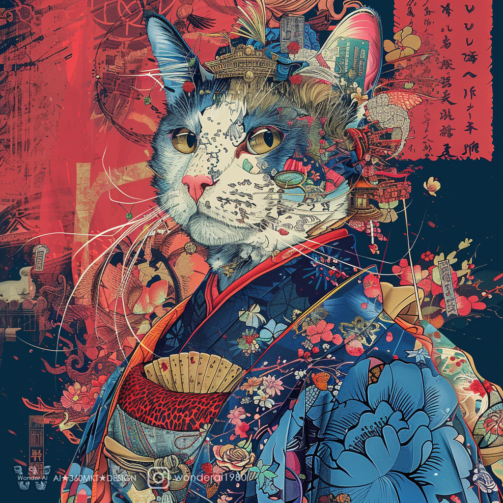 In the style of (((glitch art) )), a beautiful illustration of a cat dressed as anime geisha, with bold colors and digital collage in the style of katsuya terada and james jean. High details and intricate patterns create a masterpiece with a full body shot. Pop culture elements and japanese design inspire the poster composition and portrait on a large canvas. The editorial photography style is cinematic like a fashion magazine cover